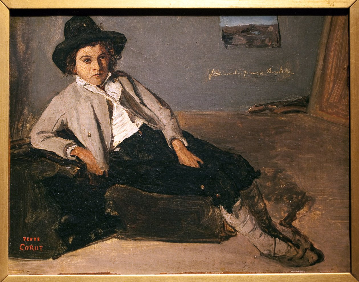 Ung italiensk siddende. Maleri af Jean Baptiste Camille Corot (1796-1875), olie på papir maroufle på lærred, ca. 1825-1827. Musée des Beaux Arts de Reims. af Jean Baptiste Camille Corot