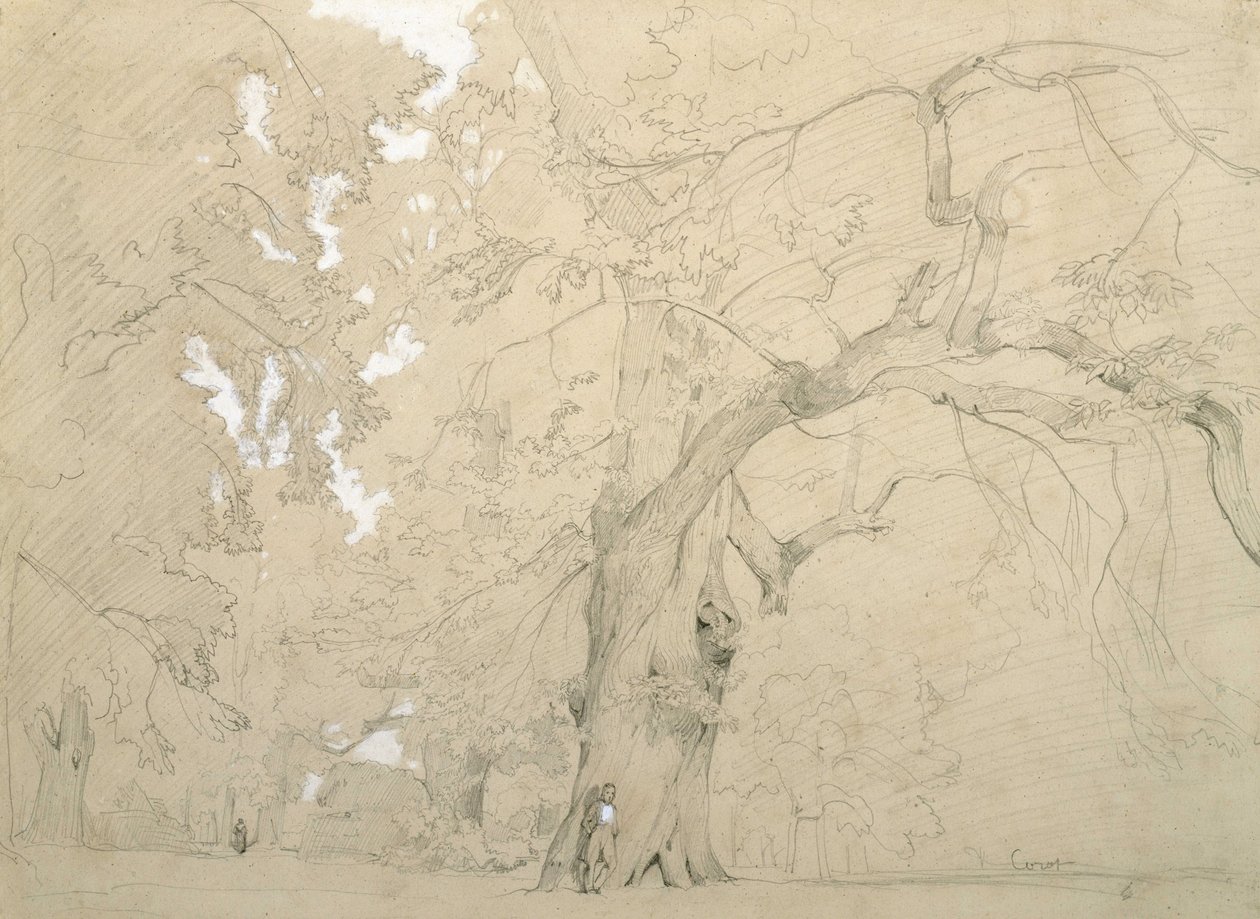 Ung mand foran en stor eg af Jean Baptiste Camille Corot