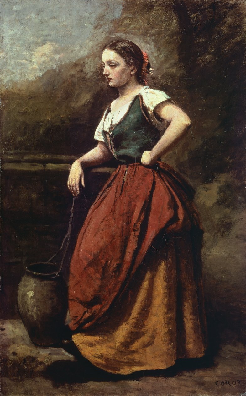 Ung kvinde ved brønden, af Jean-Baptiste-Camille Corot (1796-1875), 65x40 cm. af Jean Baptiste Camille Corot