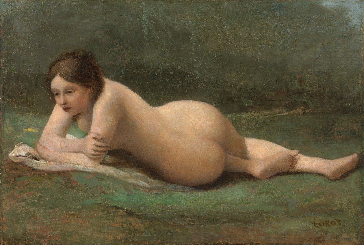 Ung kvinde tilbagelænet på græsset, ca. 1850-60 af Jean Baptiste Camille Corot