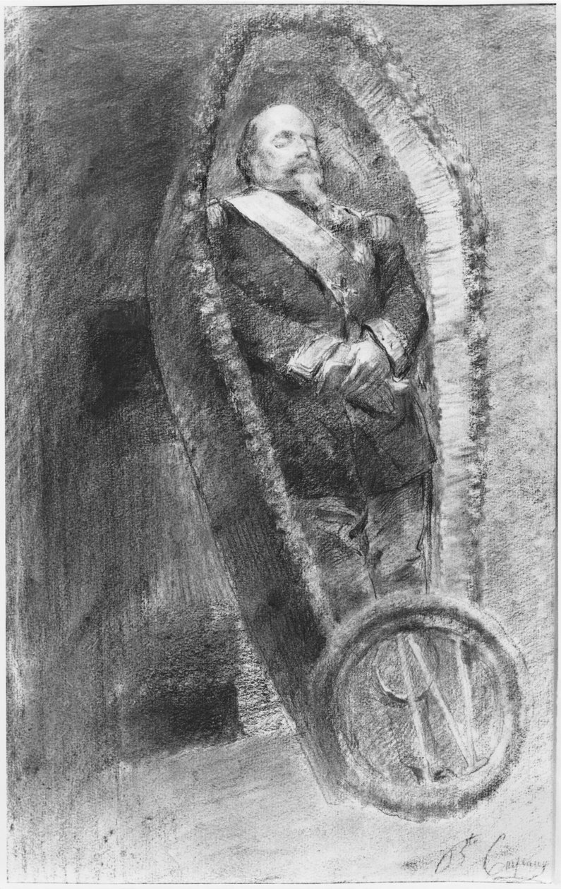 Kejser Napoleon III i sin kiste under begravelsesgudstjenesten i kirken i Chislehurst, England, den 13. januar 1873 (trækul og hvidt kridt) af Jean Baptiste Carpeaux