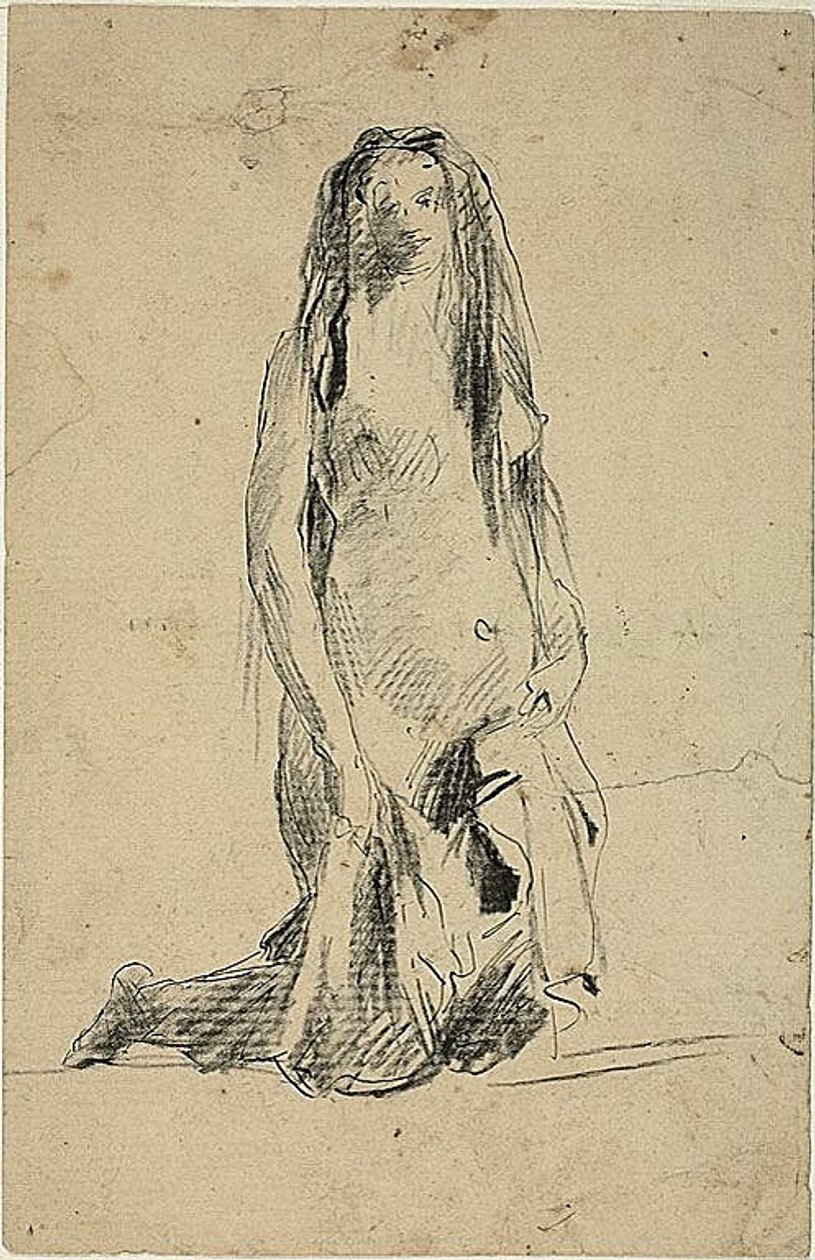 Knælende nøgen kvinde med draperi af Jean Baptiste Carpeaux