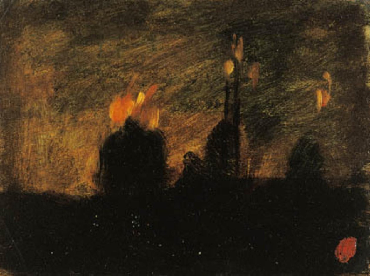 Nattestemning med ildebrande i St-Vast-là-haut nær Valenciennes af Jean Baptiste Carpeaux