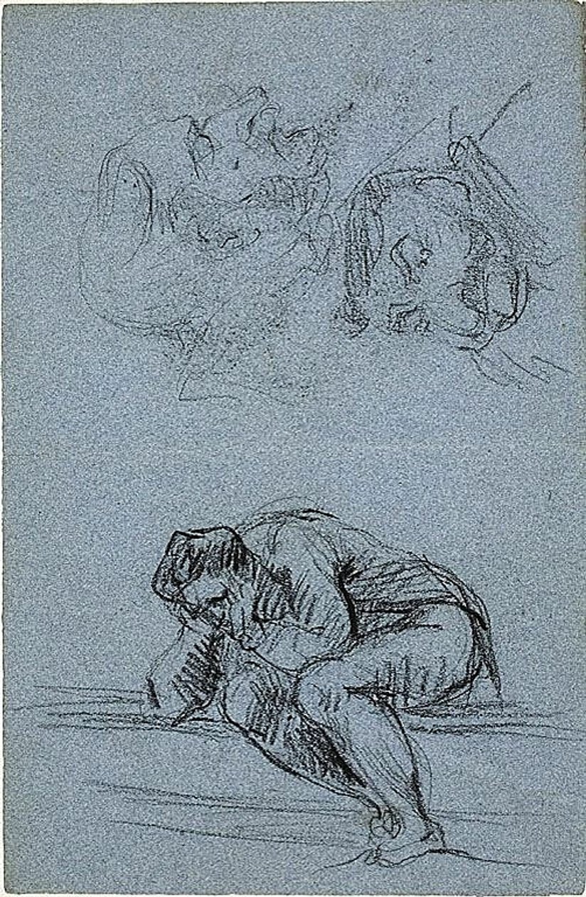 Siddende figur med hovedet i hænderne og to karikaturer (recto); fire figurer i en lunette (verso) af Jean Baptiste Carpeaux