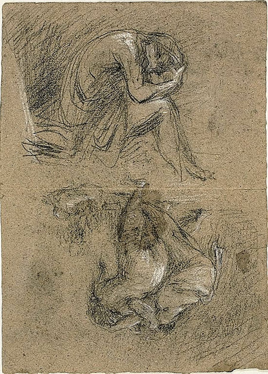 Skitser: Siddende mand med hovedet i hænderne og to figurer, der bøjer sig mod andre i baggrunden (recto); Tilbagelænet kvinde (verso) af Jean Baptiste Carpeaux