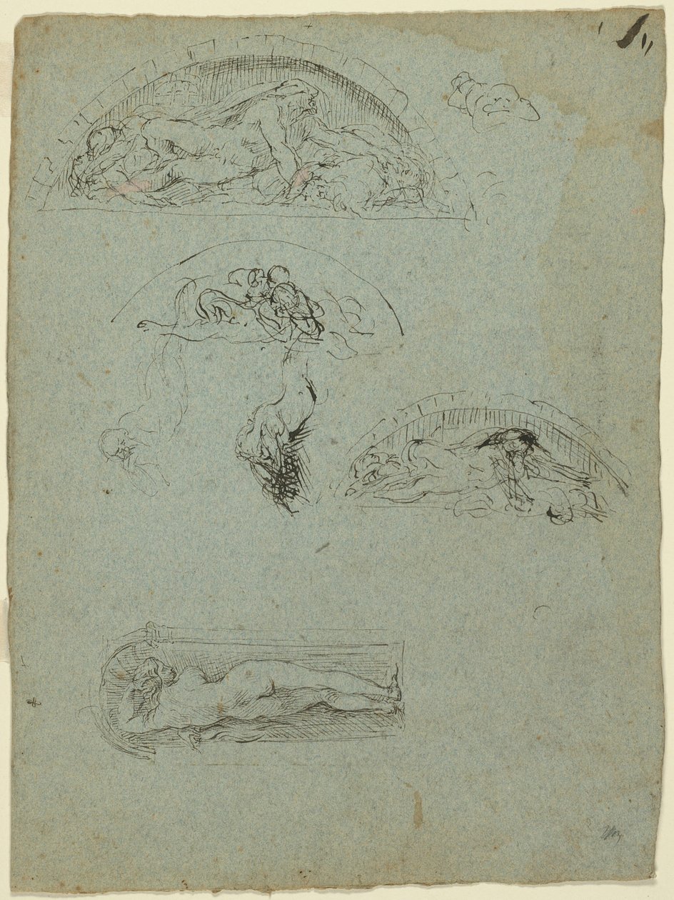 Stående figur i en niche og studier for Ugolino-gruppen (recto); Rødklædt prælat i en skare (verso) af Jean Baptiste Carpeaux