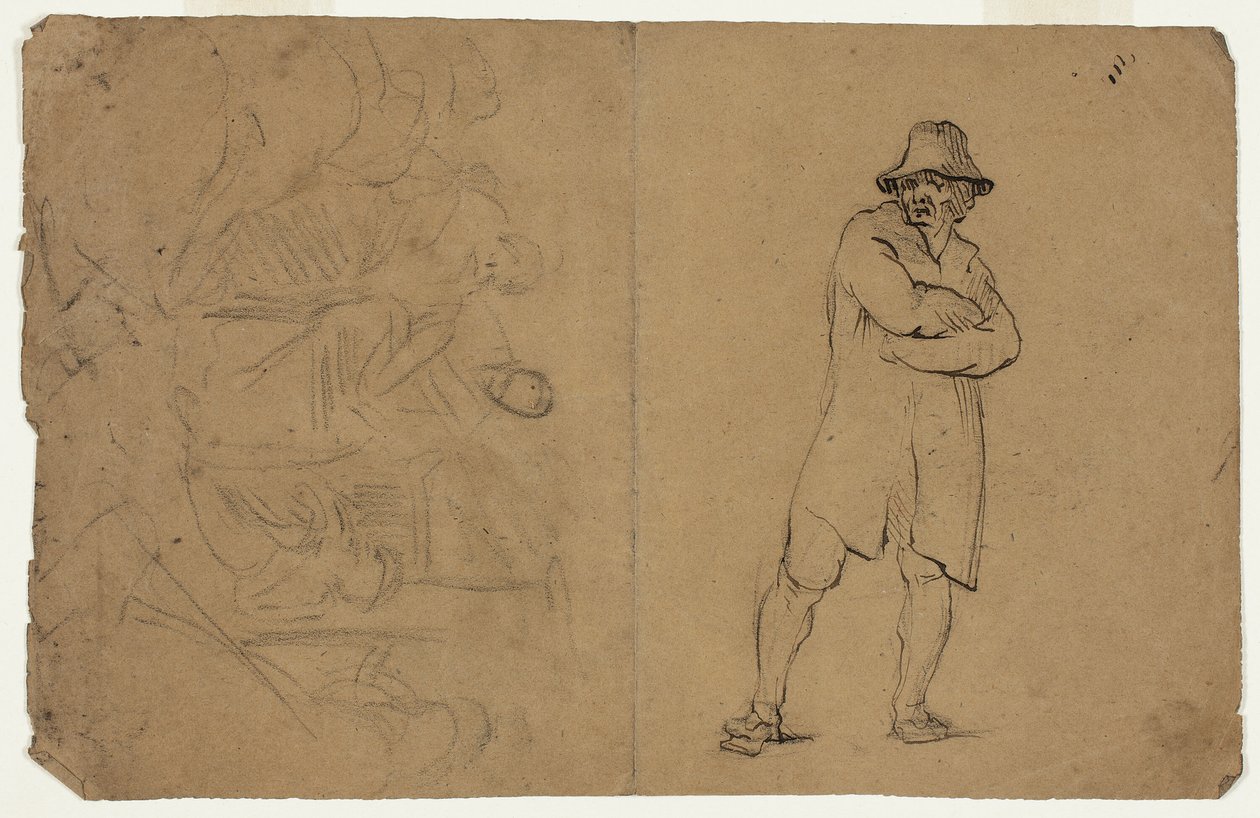 To skitser: Stående mand med foldede arme og gruppe af figurer af Jean Baptiste Carpeaux