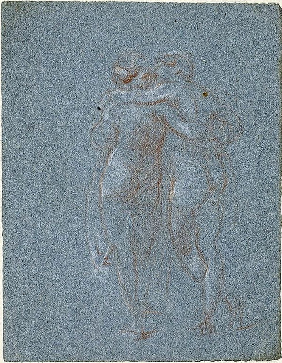 To stående figurer, omfavnende (recto); Mand med le og skitser af bygninger (verso) af Jean Baptiste Carpeaux
