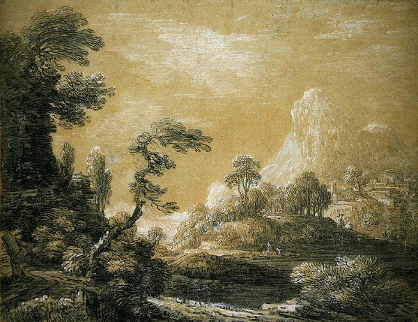 Et klassisk landskab (grafit og kridt på papir) af Jean Baptiste Claude Chatelain