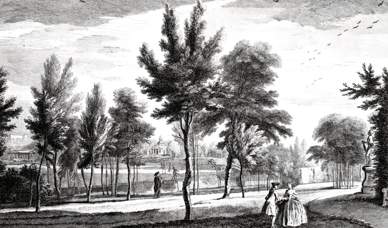 En udsigt over Elysian Fields fra Helicon Spring, Stowe House Gardens, indgraveret af George Bickham, 1753 af Jean Baptiste Claude Chatelain