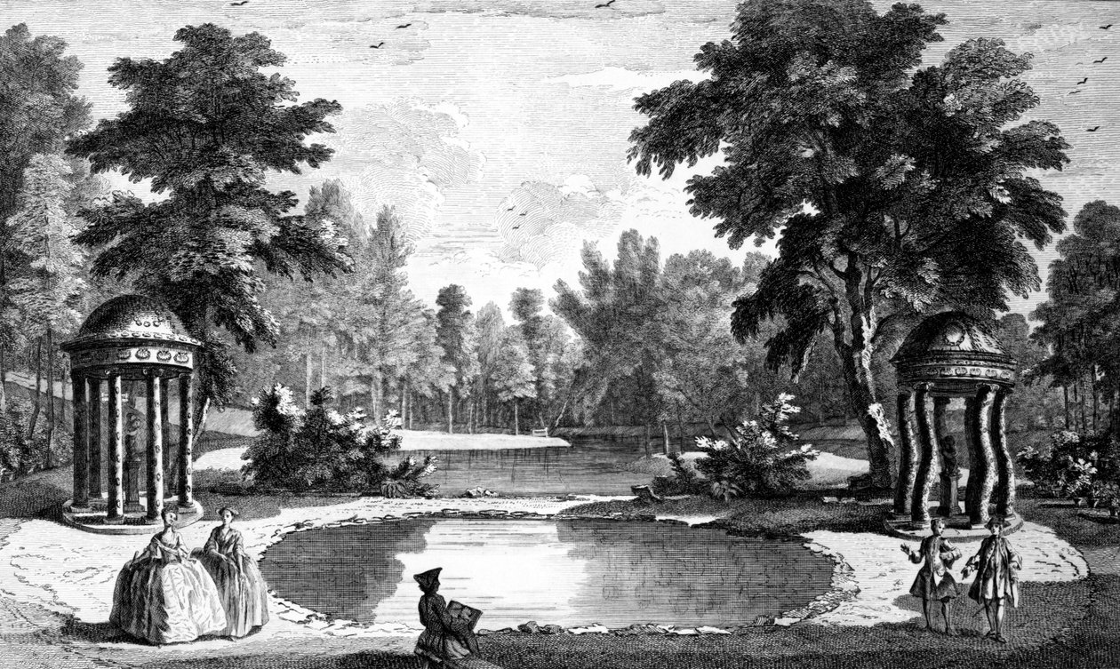 En udsigt over grotten og to skaltempler, Stowe House Gardens, indgraveret af George Bickham, 1753 af Jean Baptiste Claude Chatelain
