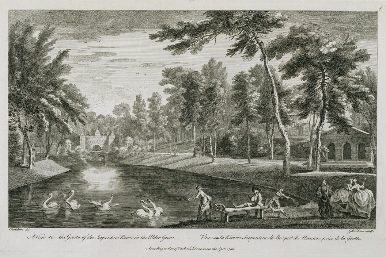 En udsigt til grotten af Serpentine River i Alder Grove ved Stowe, 1753, indgraveret af George Bickham af Jean Baptiste Claude Chatelain