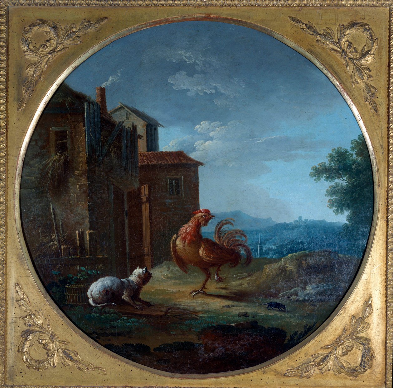 Grisen, katten og musen. Illustration til fabel af Jean de La Fontaine. Maleri af Jean Baptiste Claudot (1733-1805) af Jean Baptiste Claudot