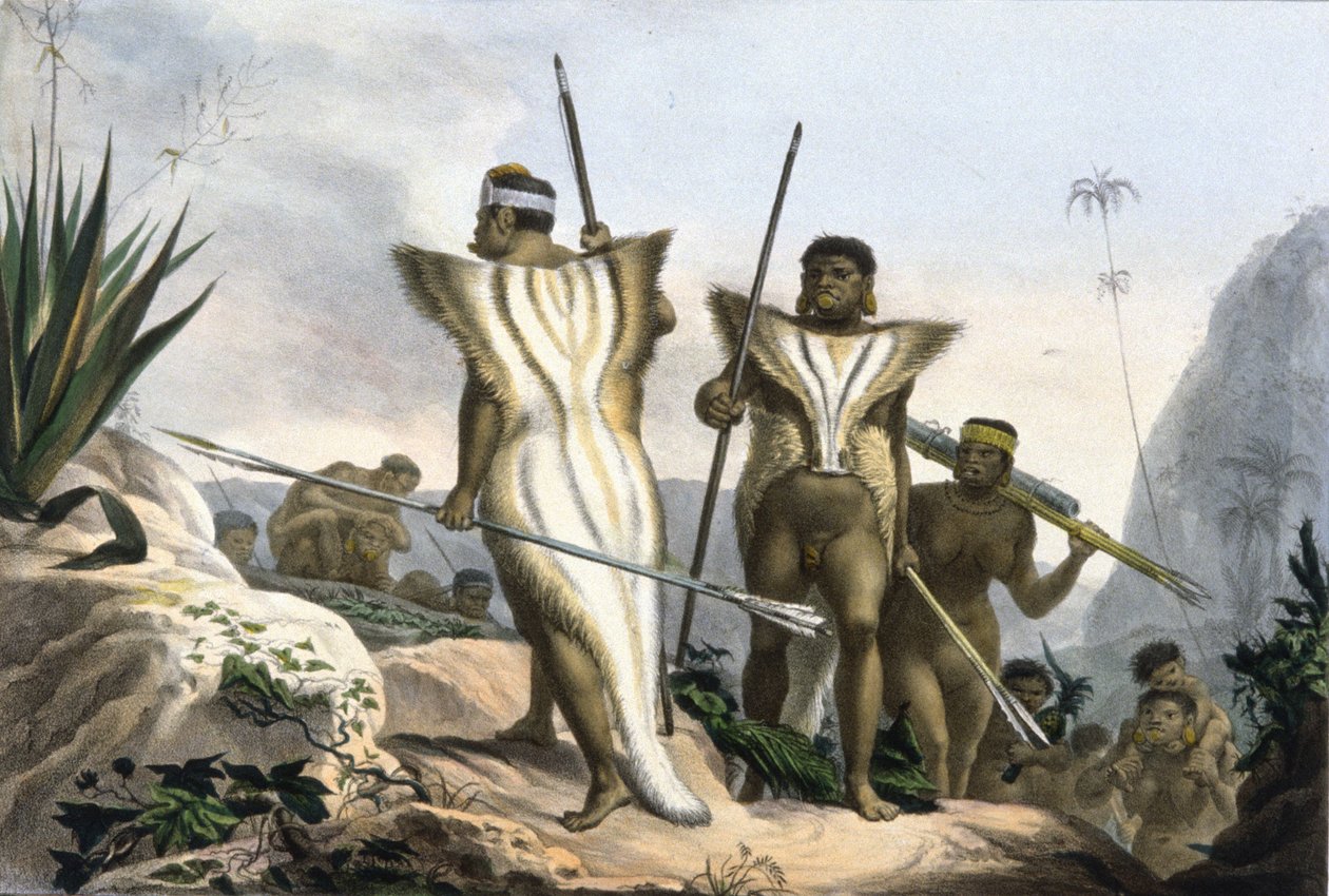 Brasiliens indianere iført dyreskind af Jean Baptiste Debret