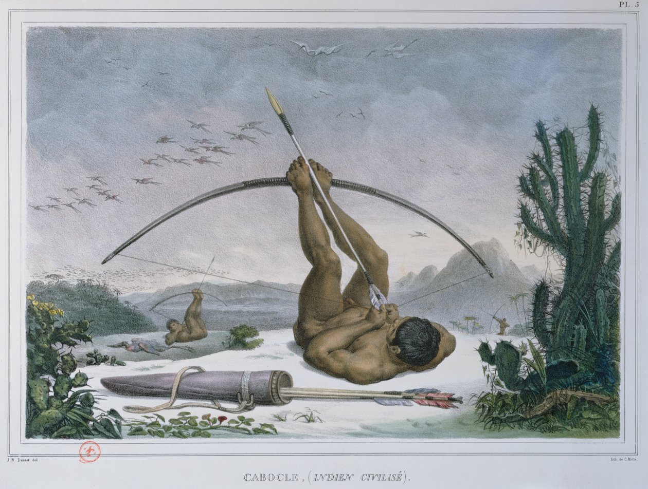 Cabocle indiske jagtfugle med bue og pil, fra Voyage Pittoresque et Historique au Bresil, udgivet i 1839 af Jean Baptiste Debret