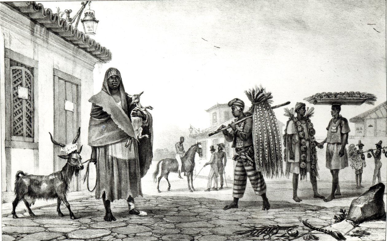 Hus til leje, hest og ged til salg, fra "Voyage Pittoresque et Historique au Bresil", af Jean Baptiste Debret