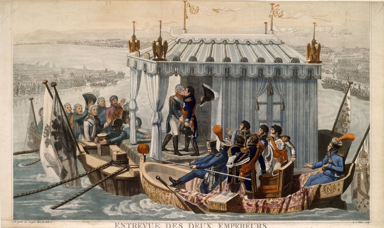 Møde mellem kejserne Alexander I af Rusland og Napoleon I af Frankrig ved Neman nær Tilsit i juli af Jean Baptiste Debret