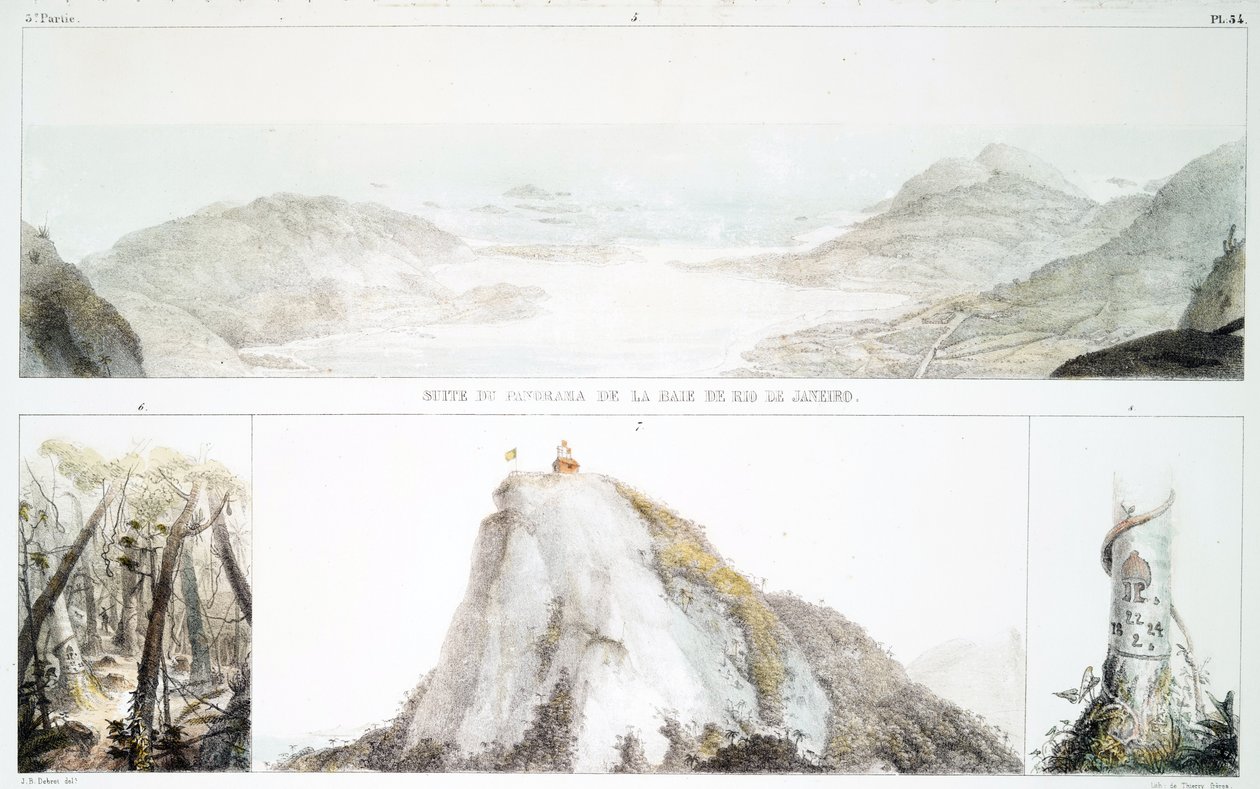 Panorama over Rio de Janeiro-bugten (håndfarvet litho) af Jean Baptiste Debret