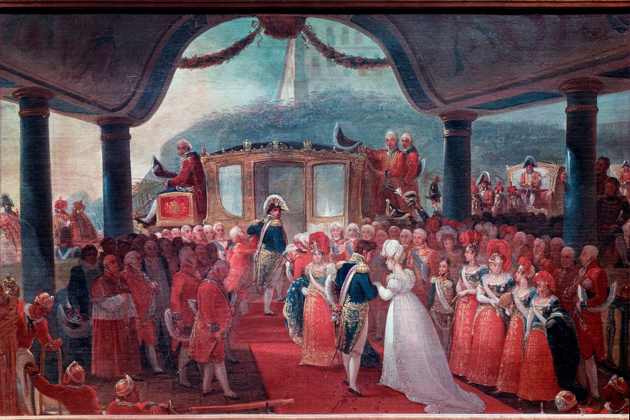 Ankomsten af Mary Leopoldine fra Habsburg-Lorraine (Habsburg Lorraine) eller Østrig (1797-1826) til Rio de Janeiro i 1817 for at gifte sig med kejser Peter I af Brasilien. De to forlovere er repræsenteret ledsaget af kong Joao VI af Portugal (John VI kendt af Jean Baptiste Debret