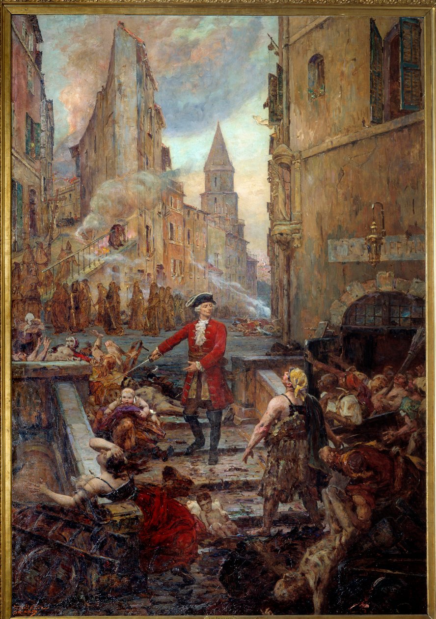 Chevalier Roze ved Montee des Aroules i Marseille Nicola Roze (1675-1733) udløser Armoules-distriktet i Marseille fra ligene af pestifererne under den store pest i 1720. Maleri af Jean-Baptiste Duffaud (1852-1927) af Jean Baptiste Duffaud