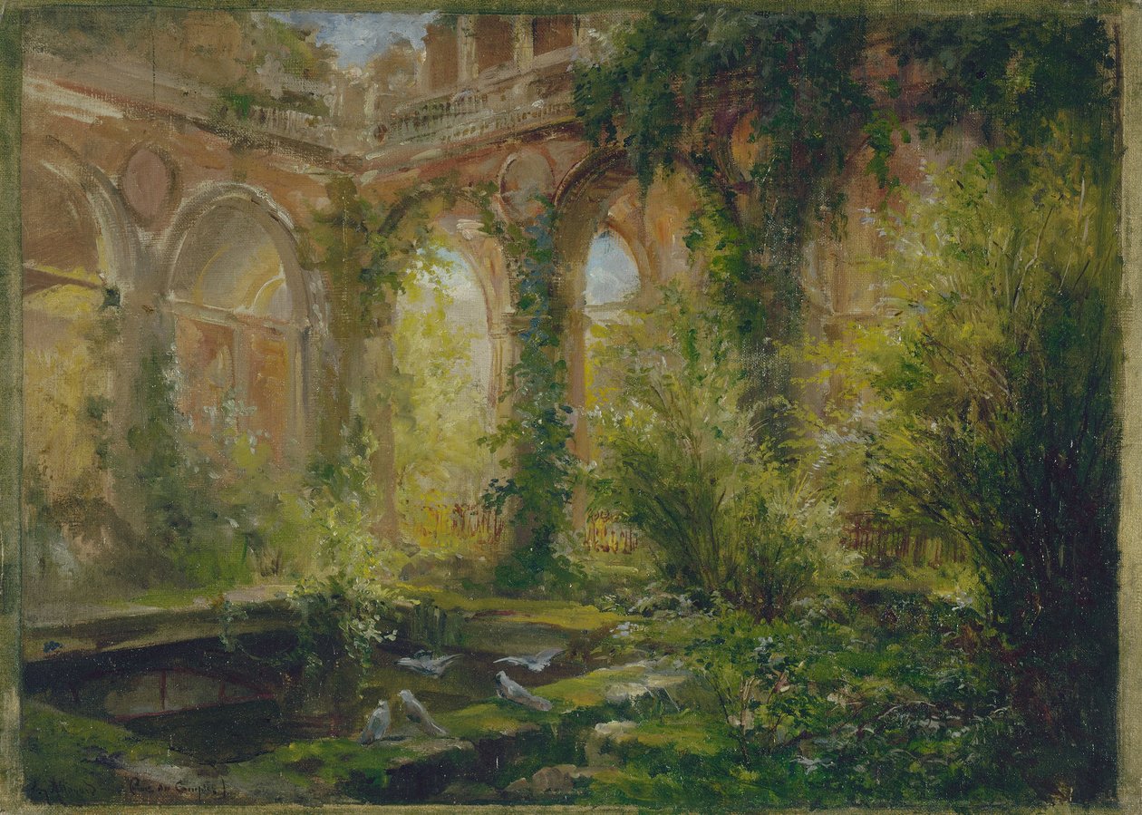 Ruinerne af Cour des Comptes: salle des fêtes, ca. 1875 (olie) af Jean Baptiste Edmond Allouard