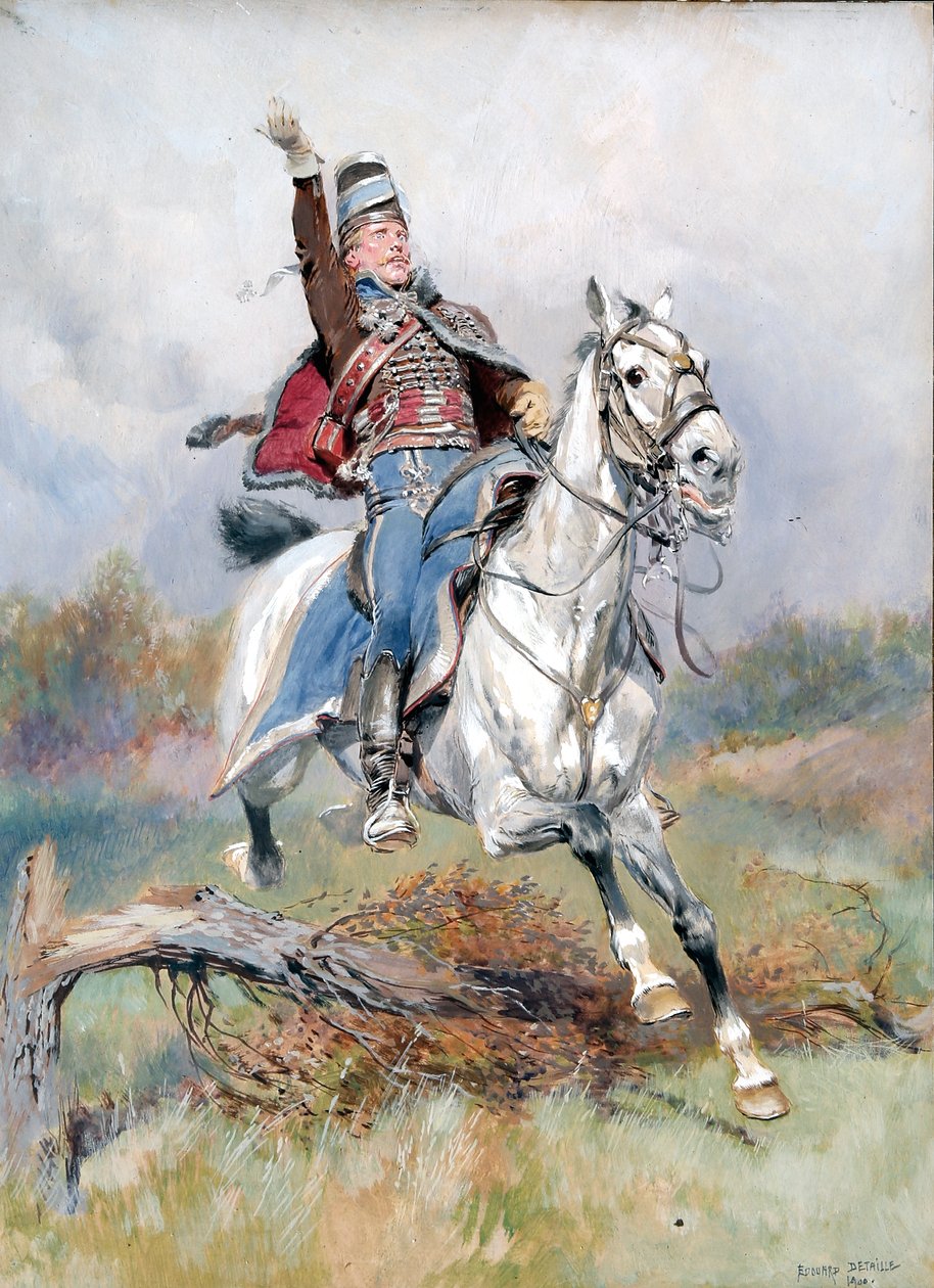 En fransk kavalerist til hest, 1900 (wc & gouache på papir) af Jean Baptiste Edouard Detaille