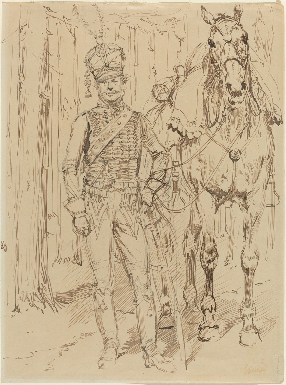 En fransk husar leder en hest af Jean Baptiste Edouard Detaille