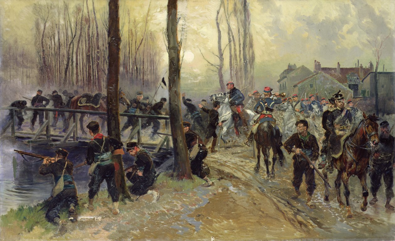 Baghold nær en bro forsvaret af tropper, tidlig morgen, 1870 af Jean Baptiste Edouard Detaille