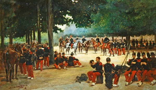 Infanteriregiment slapper af på Bois de Boulogne under en anmeldelse, ca. 1885 af Jean Baptiste Edouard Detaille