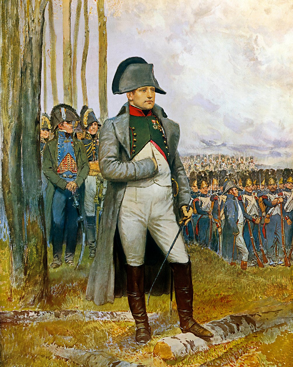Napoleon I og hans stab ser på Kejsergardens granatæbler - Maler en akvarel og en gouache på pap af Edouard Detaille (1848-1912) 1911 Søn. 0,73x0,54 m - Paris, Musee de l