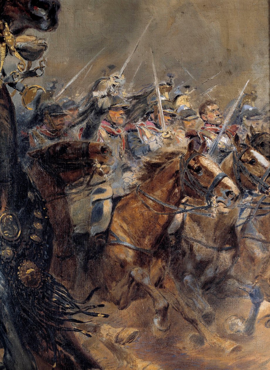Napoleonskrigen: "" Den sidste anklage mod general Antoine Charles Comte de Lasalle (1775-1809), dræbt ved Wagram den 6. juli af Jean Baptiste Edouard Detaille