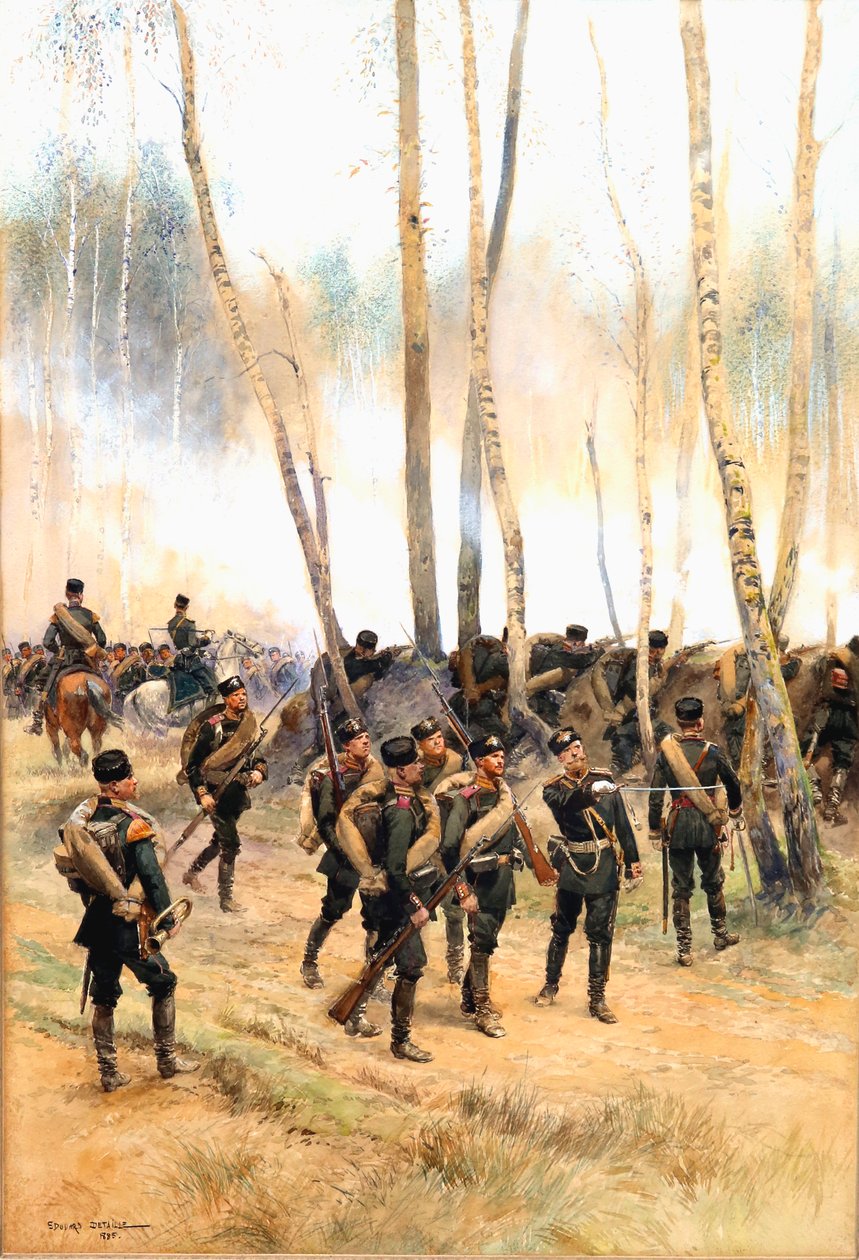 Soldat ved fronten, 1885 (wc, sort blæk & kropsfarve på papir) af Jean Baptiste Edouard Detaille