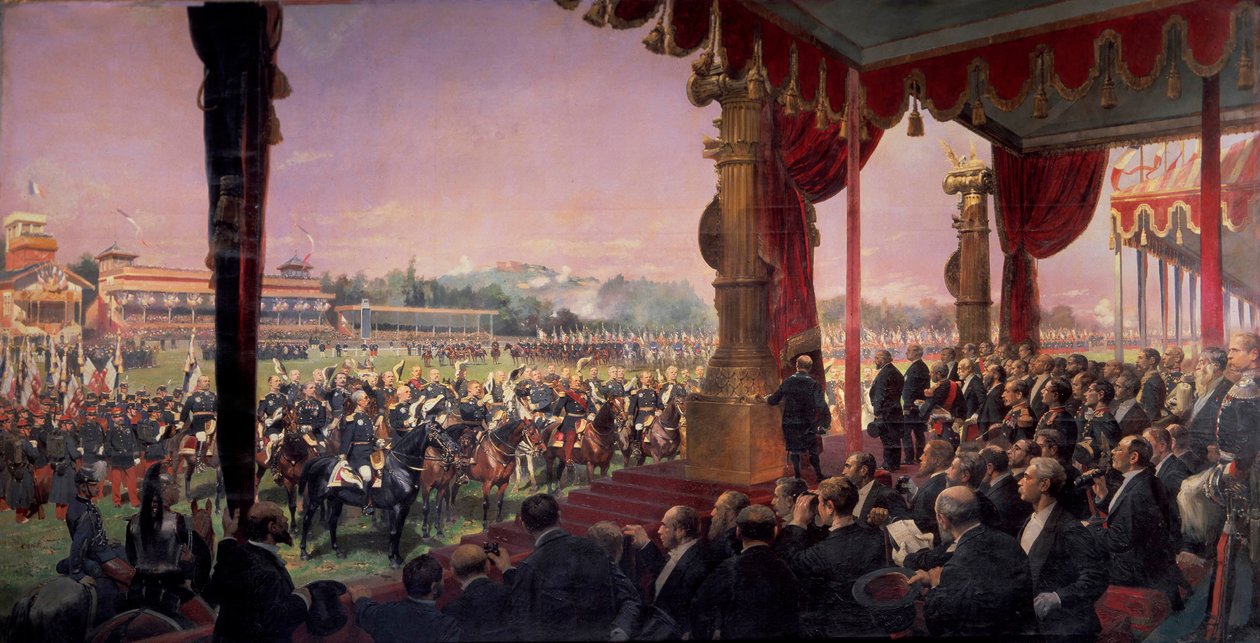 Uddeling af flag i Longchamp af præsident Jules Grevy i nærværelse af Leon Gambetta den 14. juli 1880. Generaler hilser statsoverhovedet, grupper omkring Marechal Canrobert. Maleri af Edouard Detaille (1848-1912) af Jean Baptiste Edouard Detaille
