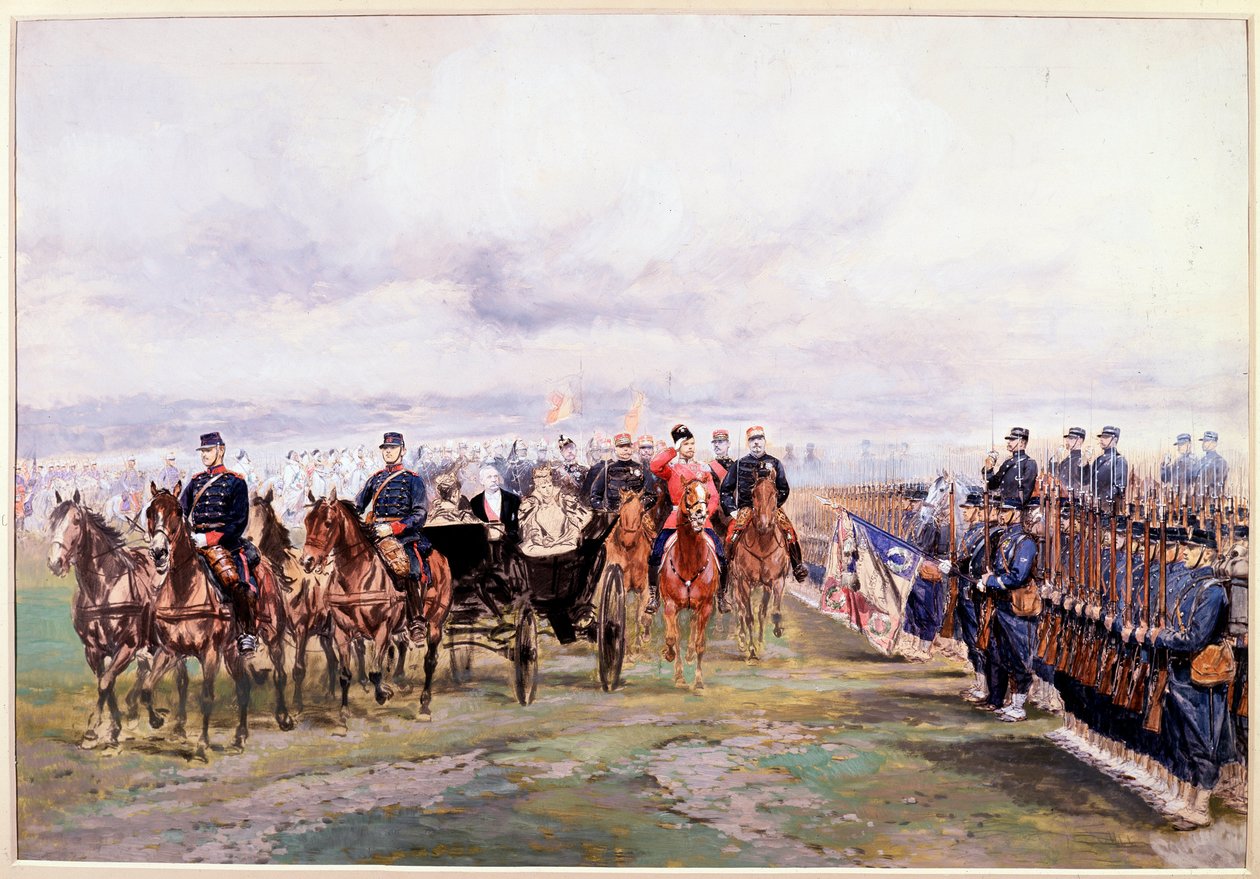 Zar Nicolas gennemgår tropperne sammen med Felix Faure i Chalon-sur-Marne under sit besøg i Frankrig den 9. oktober af Jean Baptiste Edouard Detaille