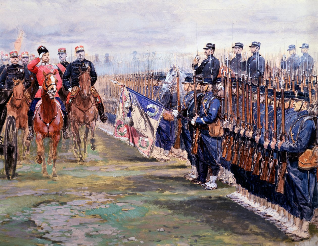 Zar Nicolas gennemgår tropperne med Felix faure i Chalon-sur-Marne under sit besøg i Frankrig den 9. oktober af Jean Baptiste Edouard Detaille