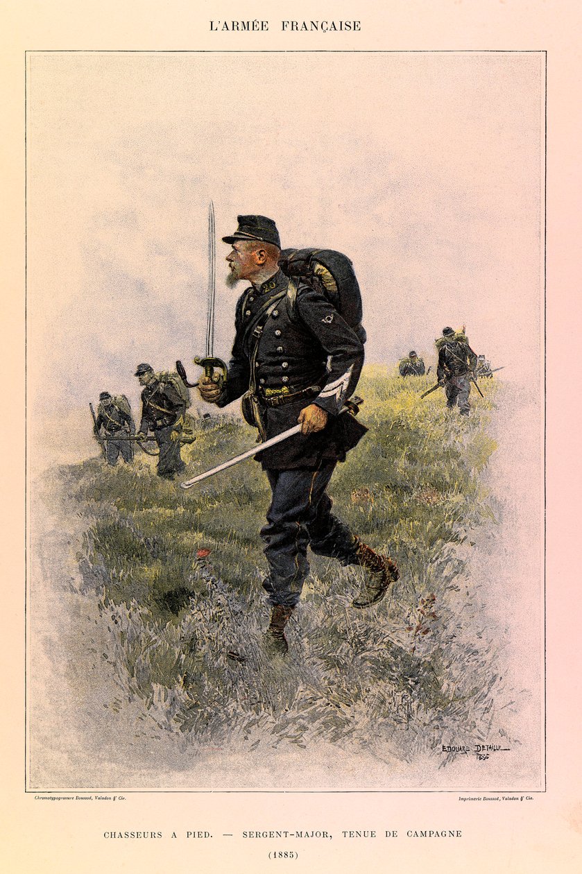 Typer og uniformer af kaptajn Jules Richards franske Armee, illustreret af Edouard Detaille (1848-1912): Fodjægere: Sergentmajor i feltkjole i 1885, privat samling af Jean Baptiste Edouard Detaille