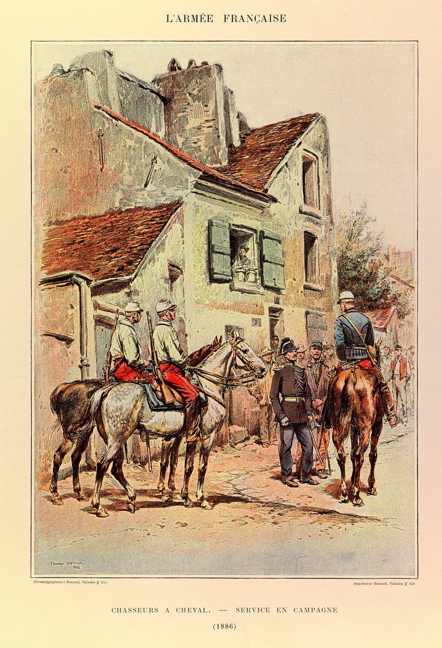 Typer og uniformer af kaptajn Jules Richards franske armé, illustreret af Edouard Detaille (1848-1912): Hunters a Horseback; Felttjeneste i 1886, Privat Samling af Jean Baptiste Edouard Detaille