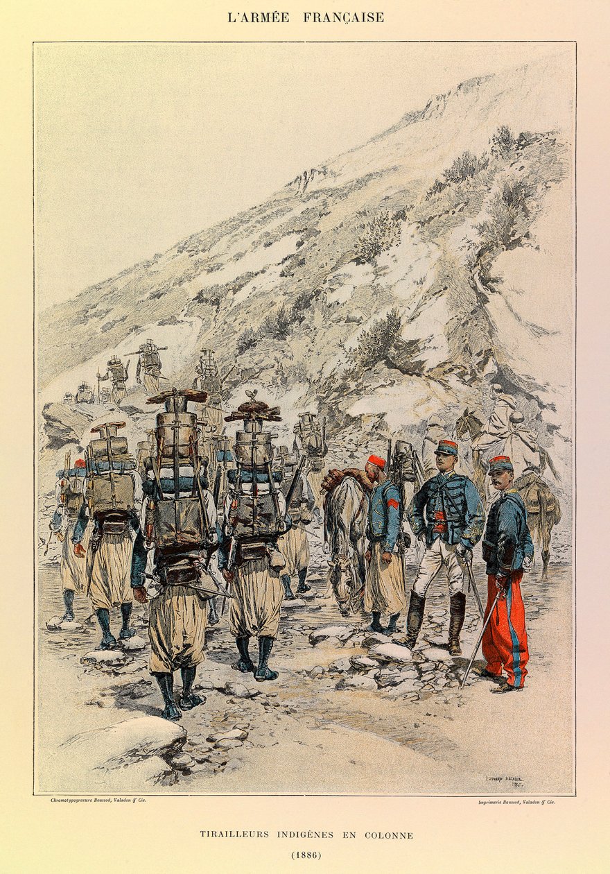 Typer og uniformer af kaptajn Jules Richards franske armé, illustreret af Edouard Detaille (1848-1912): Indigenes Tirailleurs i kolonne i 1886, privat samling af Jean Baptiste Edouard Detaille