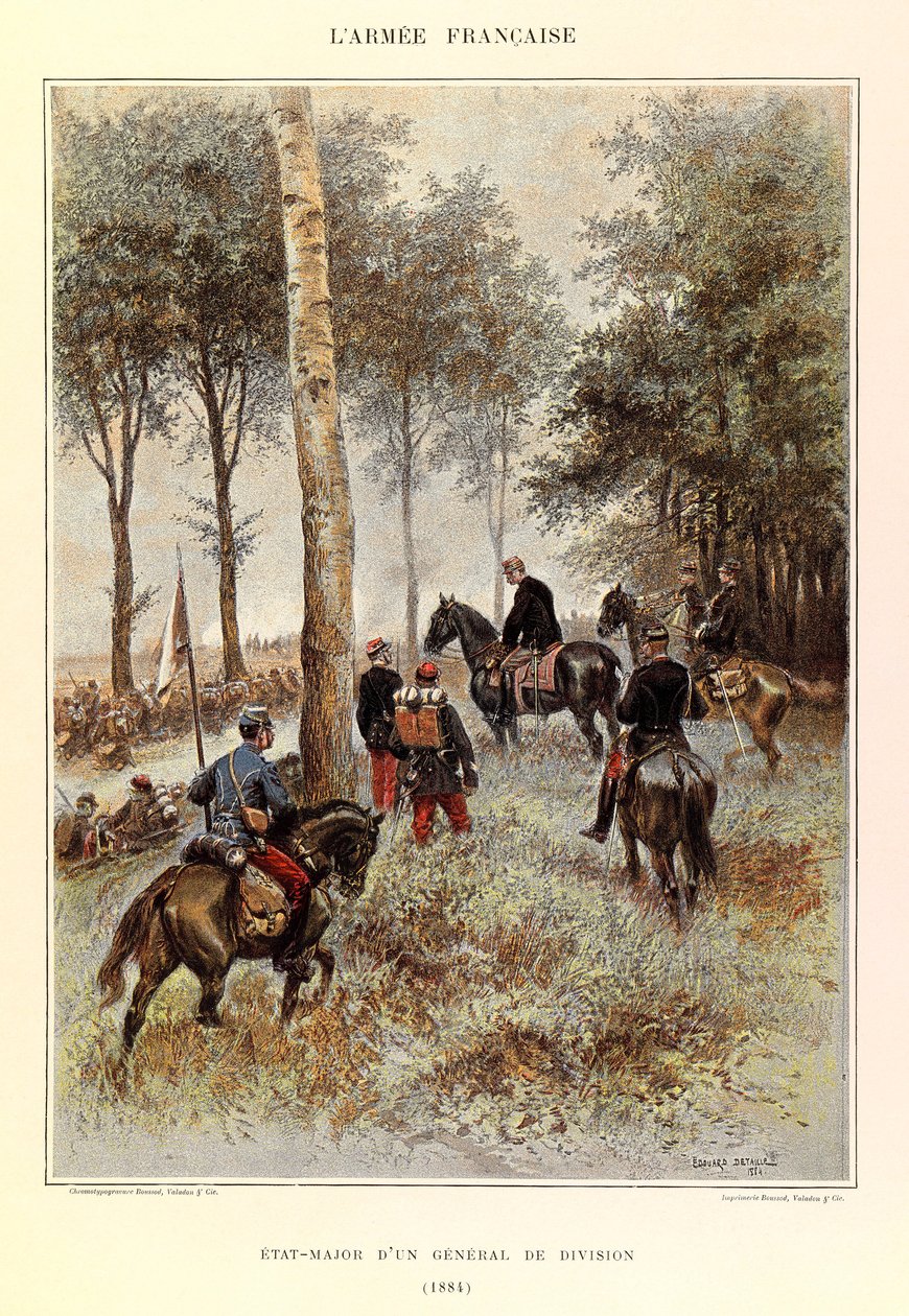 Typer og uniformer af kaptajn Jules Richards franske armé, illustreret af Edouard Detaille (1848-1912): Staff of a Divisional General in 1884, Private Collection af Jean Baptiste Edouard Detaille