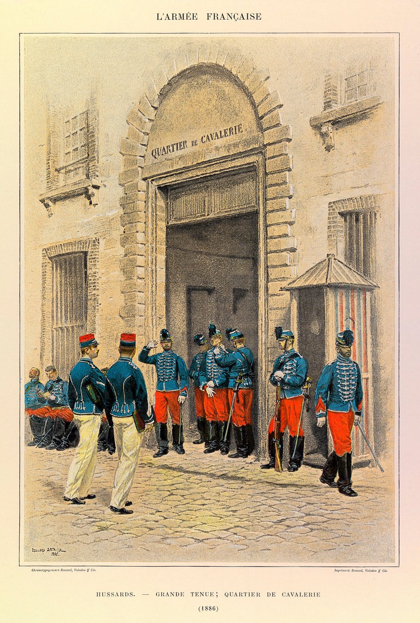 Typer og uniformer af kaptajn Jules Richards franske armé, illustreret af Edouard Detaille (1848-1912): Husarder i stor kjole; Rytterdistriktet i 1886, Privat Samling af Jean Baptiste Edouard Detaille