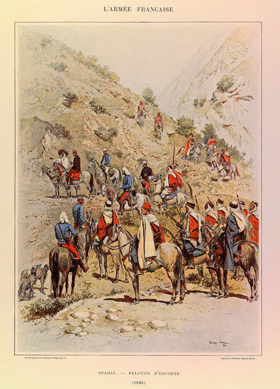 Typer og uniformer af kaptajn Jules Richards franske armé, illustreret af Edouard Detaille (1848-1912): Spahis; Eskortedeling i 1886, Privat Samling af Jean Baptiste Edouard Detaille