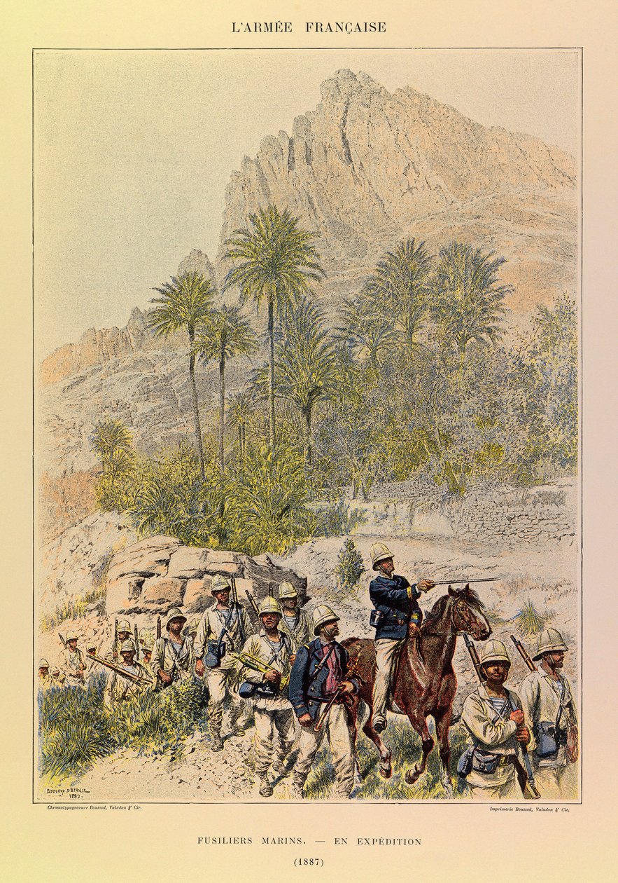 Typer og uniformer af kaptajn Jules Richards franske armé, illustreret af Edouard Detaille (1848-1912): Fusiliers Marins på ekspedition i 1887, privat samling af Jean Baptiste Edouard Detaille