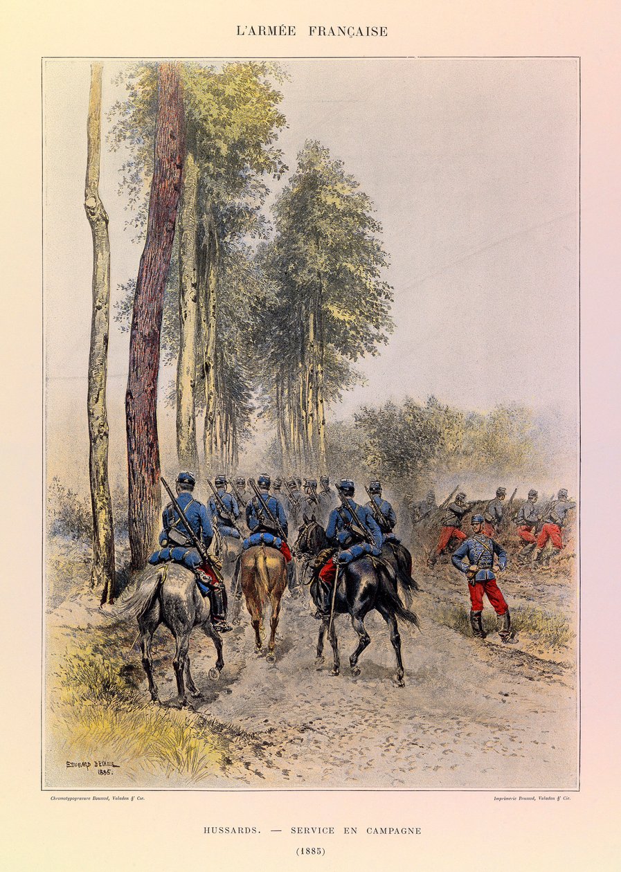 Typer og uniformer af kaptajn Jules Richards franske armé, illustreret af Edouard Detaille (1848-1912): Husarder; Felttjeneste 1885, Privat Samling af Jean Baptiste Edouard Detaille