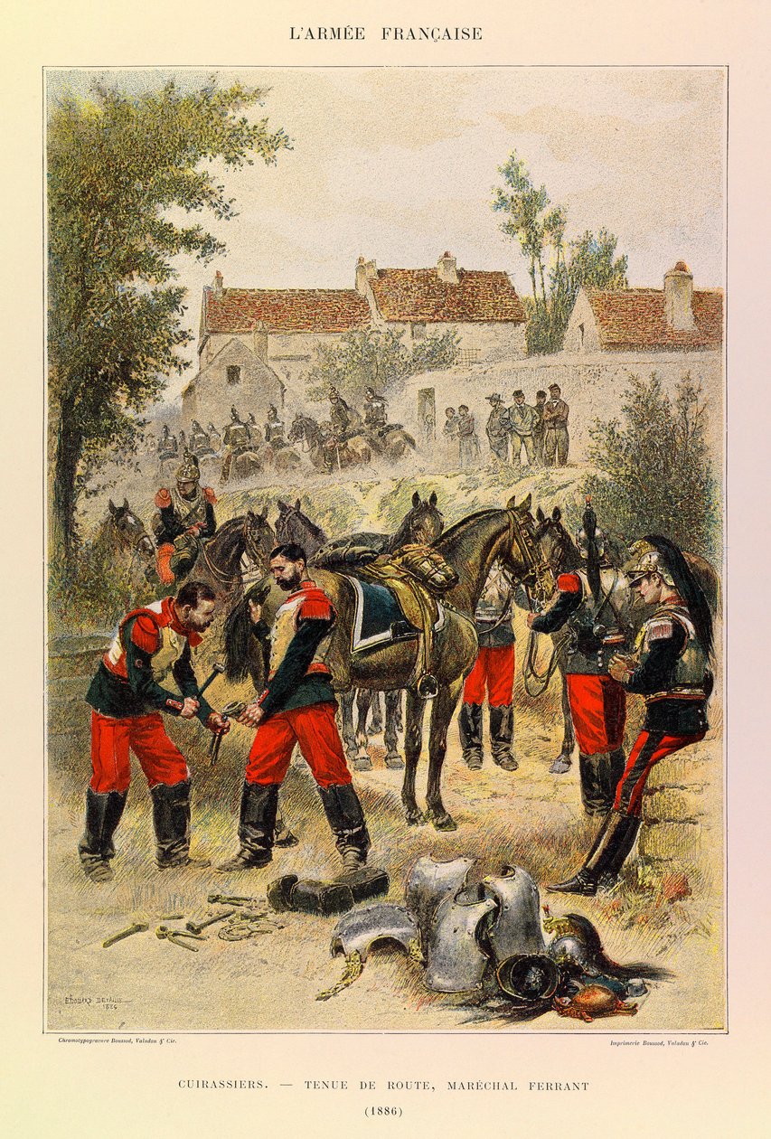 Typer og uniformer af kaptajn Jules Richards franske armé, illustreret af Edouard Detaille (1848-1912): Cuirassiers; Vejhåndtering; Marechal Ferrant i 1886, privat samling af Jean Baptiste Edouard Detaille