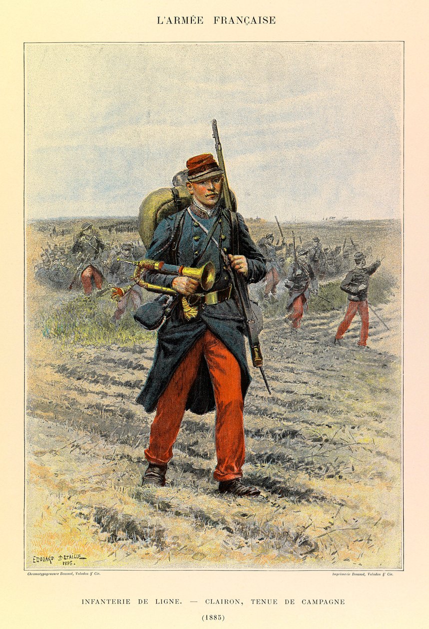 Typer og uniformer af kaptajn Jules Richards franske armé, illustreret af Edouard Detaille (1848-1912): Linieinfanteri; Clairon i feltkjole i 1885, privat samling af Jean Baptiste Edouard Detaille