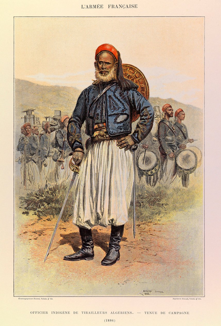 Typer og uniformer af kaptajn Jules Richards franske armé, illustreret af Edouard Detaille (1848-1912): Indfødt officer af algeriske tuniorer i feltkjole i 1886, privat samling af Jean Baptiste Edouard Detaille