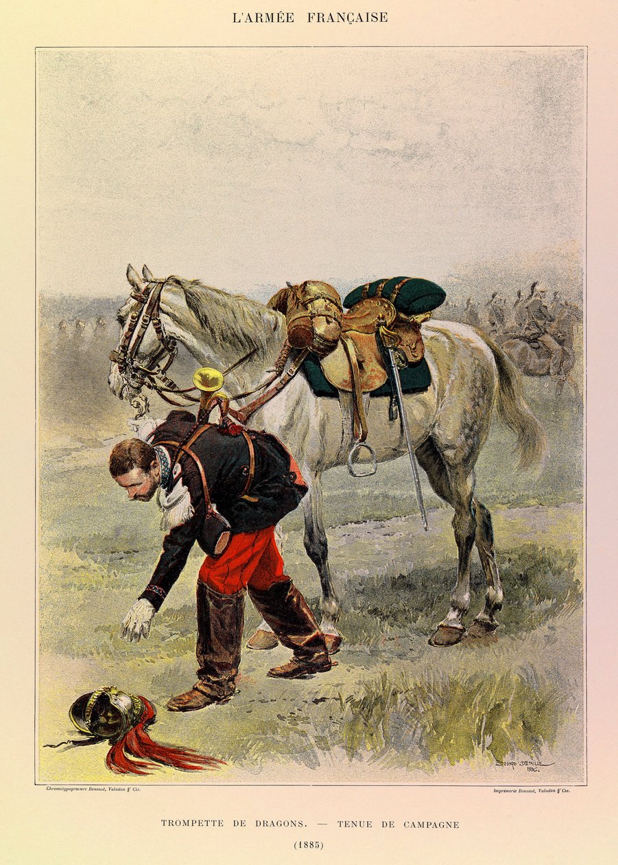 Typer og uniformer af kaptajn Jules Richards franske Armee, illustreret af Edouard Detaille (1848-1912): Dragons Trompet in Country Dress in 1885, Private Collection af Jean-Baptiste Edouard Detaille
