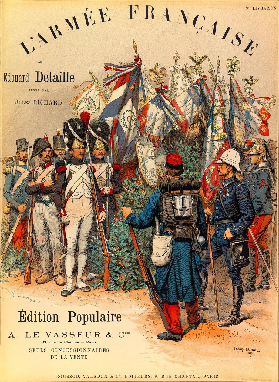 Typer og uniformer af den franske Armee af kaptajn Jules Richard, illustreret af Edouard Detaille (1848-1912): Første omslag til bogen "" L
