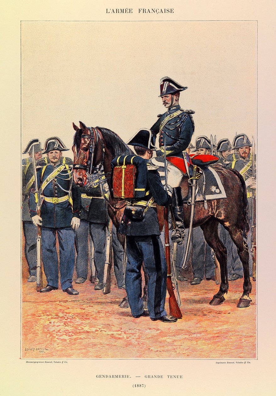 Typer og uniformer af kaptajn Jules Richards franske armé, illustreret af Edouard Detaille (1848-1912): Gendarmerie en grande attire en 1887, Collection Partiale af Jean Baptiste Edouard Detaille