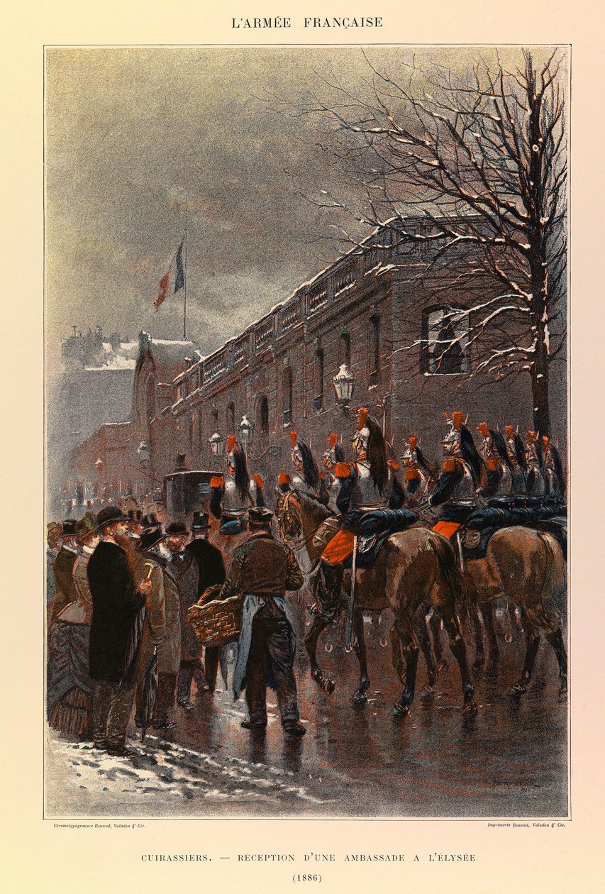 Typer og uniformer af kaptajn Jules Richards franske armé, illustreret af Edouard Detaille (1848-1912): Cuirassiers: Modtagelse af en ambassade ved Elysee i 1886, privat samling af Jean-Baptiste Edouard Detaille